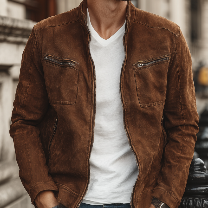 Men's Vintage Faux Suede Stand Collar Zipper Placket Slim Fit Multi-Pocket Cargo Jacket MTA1942H2M