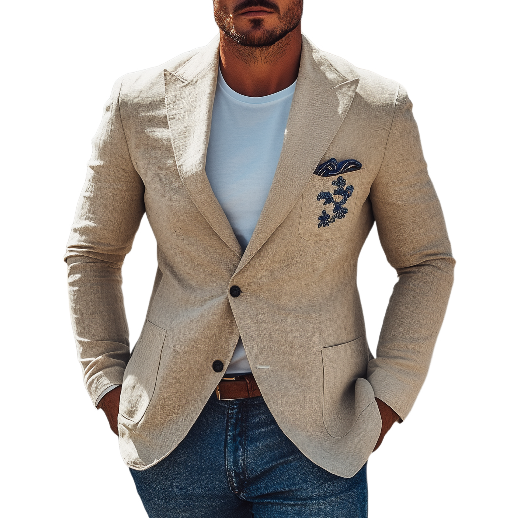 Men's Classic Casual Cotton And Linen Chest Patch Pocket Embroidery Single-breasted Slim-fit Blazer MTA1923G4K
