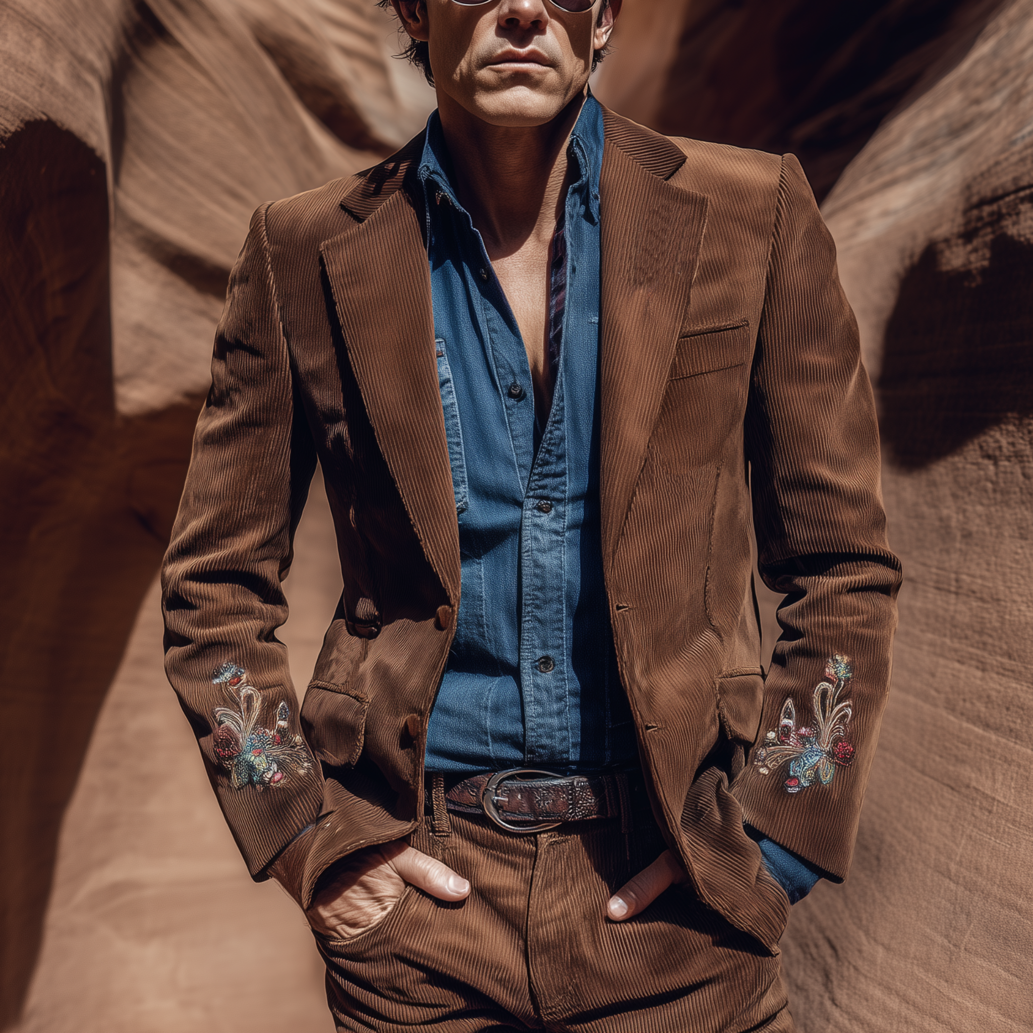 Men's Classic Retro Western Style Single-breasted Corduroy Cuff Embroidered Slim-fit Blazer MTA2187H1K