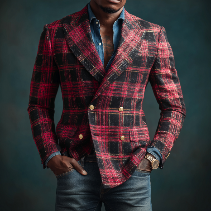 Men's Vintage Contrast Plaid Jacquard Peaked Lapel Double-Breasted Slim-Fit Blazer MTA2895G2M