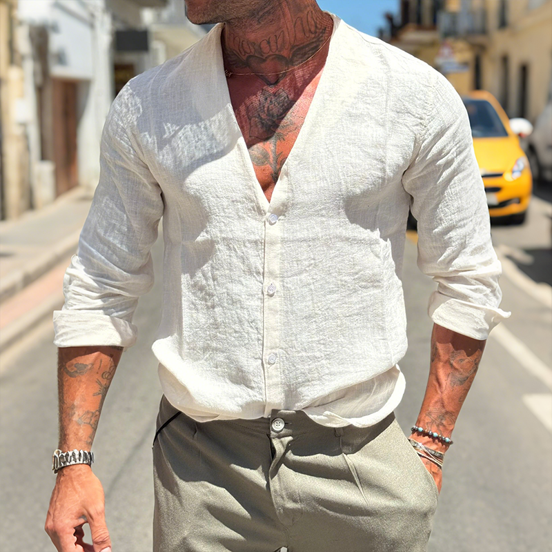 Men's Retro Casual Solid Color Linen Collarless Long Sleeve Shirt MTA2144G7TO