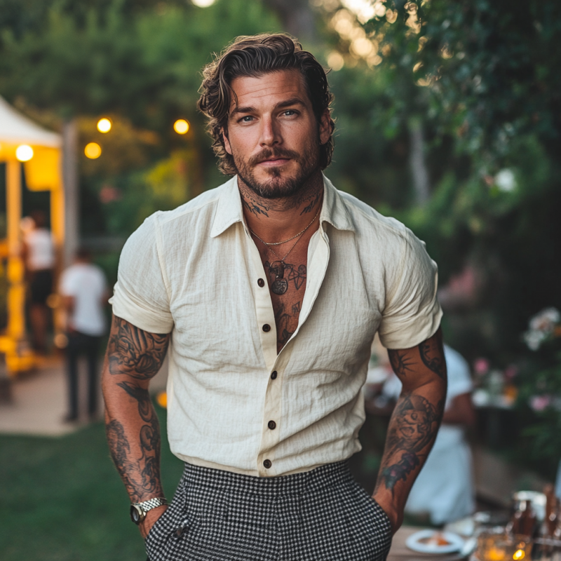 Men's Casual Vacation Breathable Linen Loose Lapel Slim Fit Short Sleeve Shirt MTA3002D6M