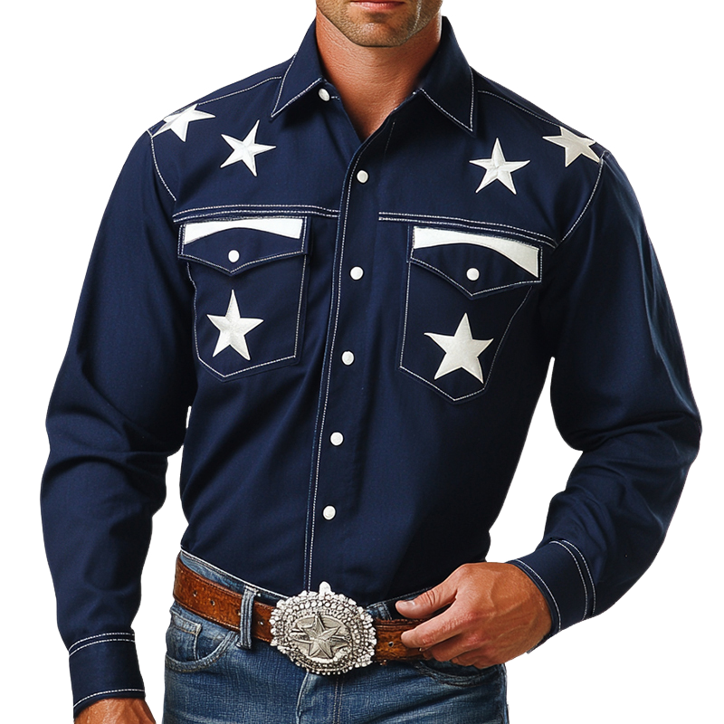 Men's Retro Western Cowboy Style Star Embroidered Lapel Long Sleeve Shirt MTA0618E2TO