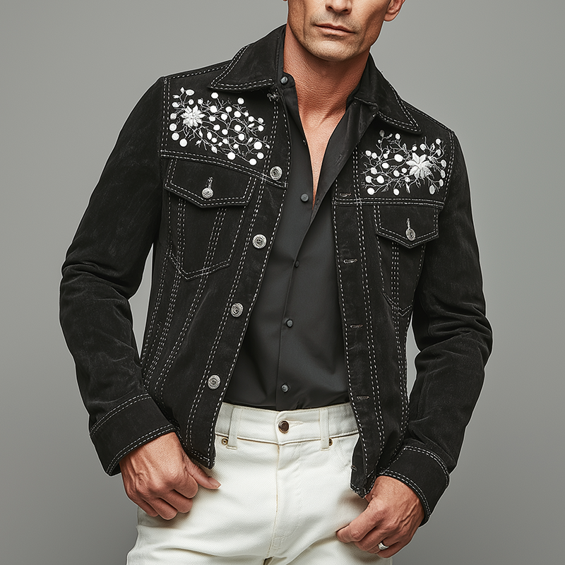 Men's Simple Floral Embroidered Faux Suede Jacket MTA2798H2P