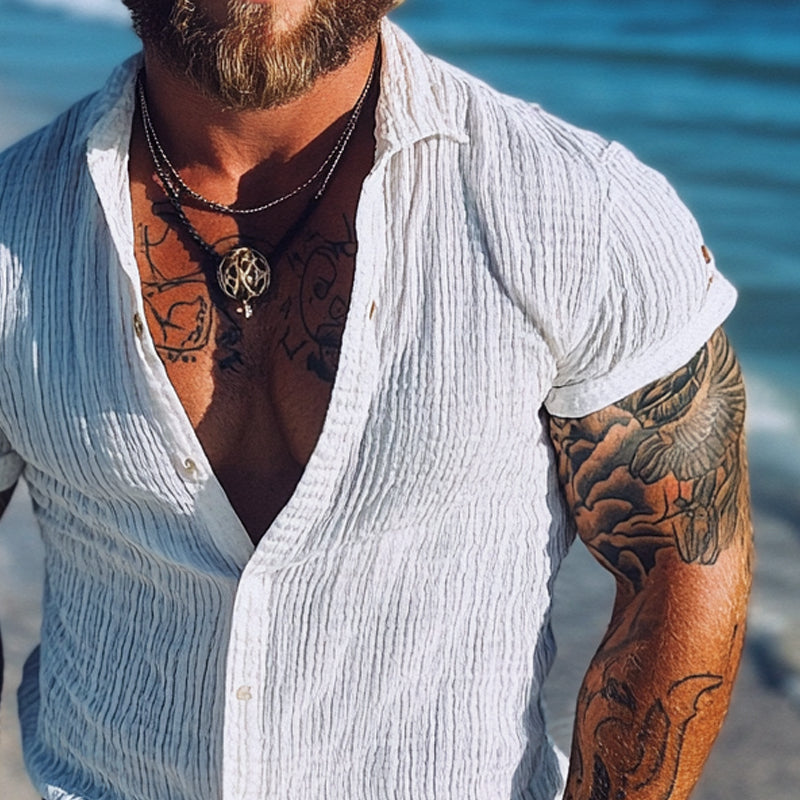 Men's Striped Textured Lapel Short Sleeve Shirt MTA3010D7X