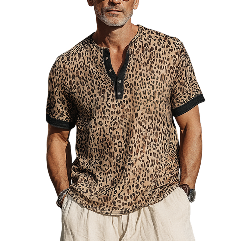 Men's Fashion Casual Cotton Blended Printed Leopard Stitching Henley Neck Short Sleeve T-Shirt MTA1476G2K