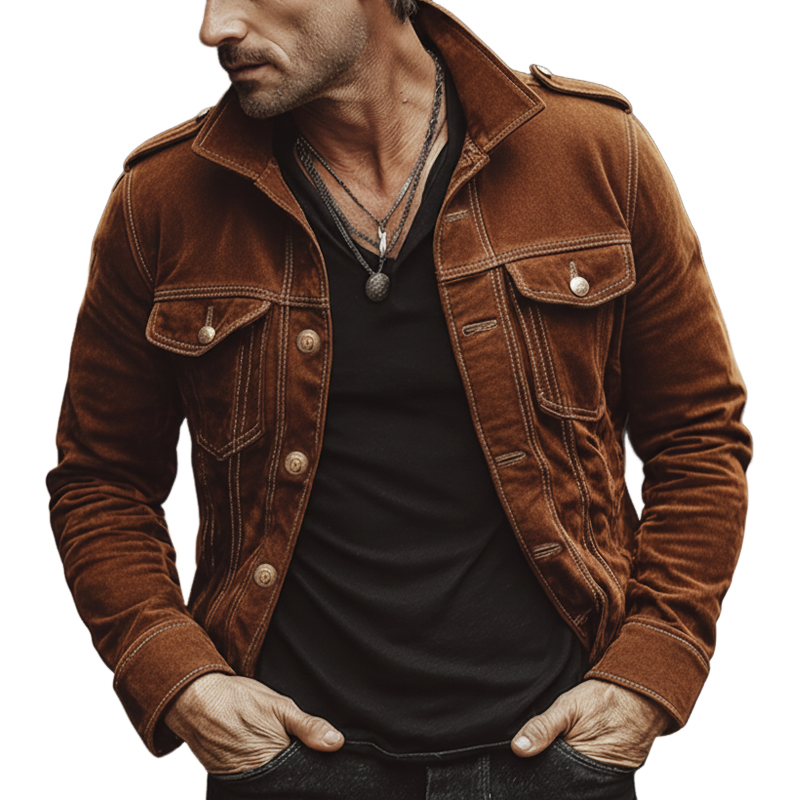 Men's Vintage Caramel-colored Lapel Suede Button-up Jacket MTA0198L1U