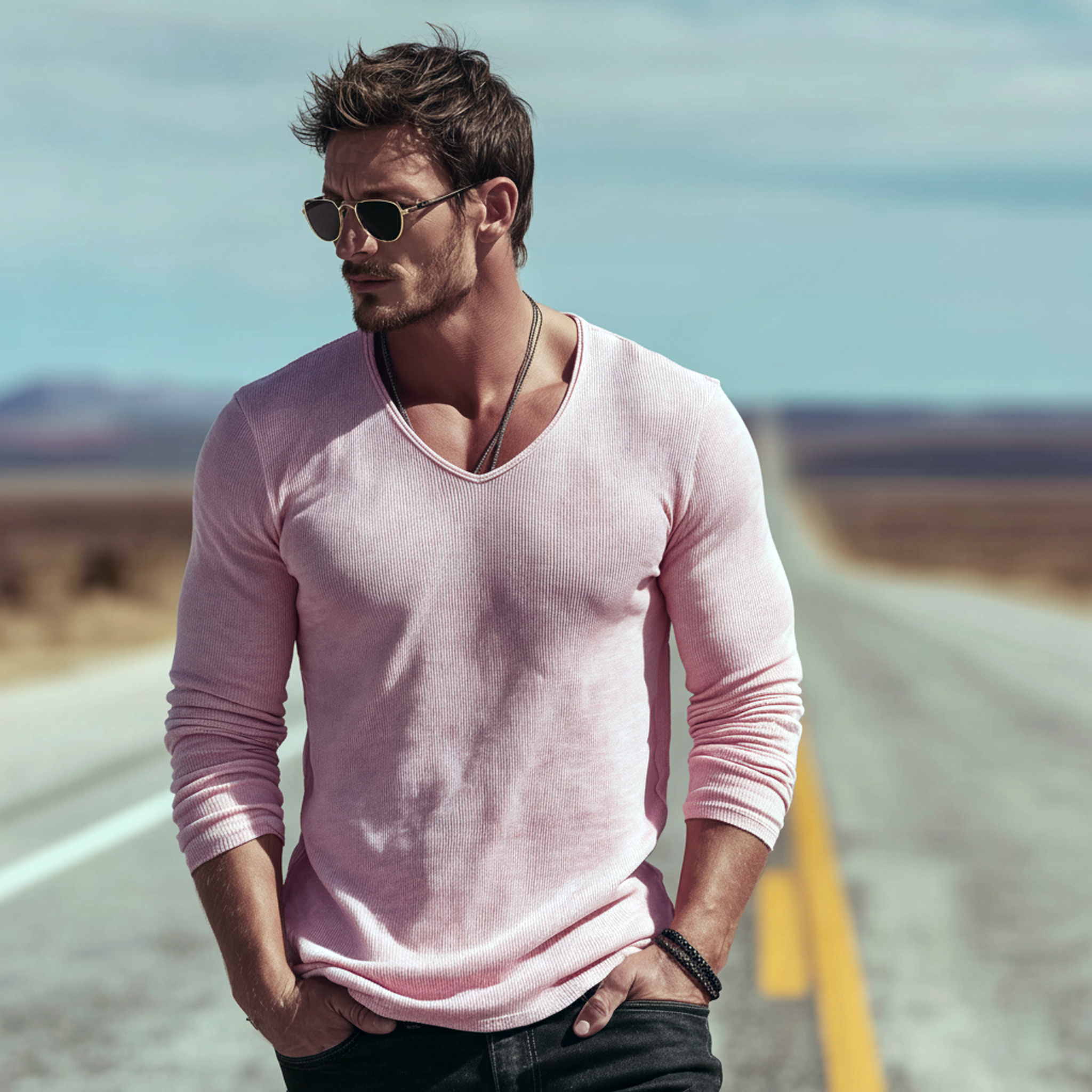 Men's Classic Casual V-neck Cotton Long-sleeved T-shirt MTZ0900A9K