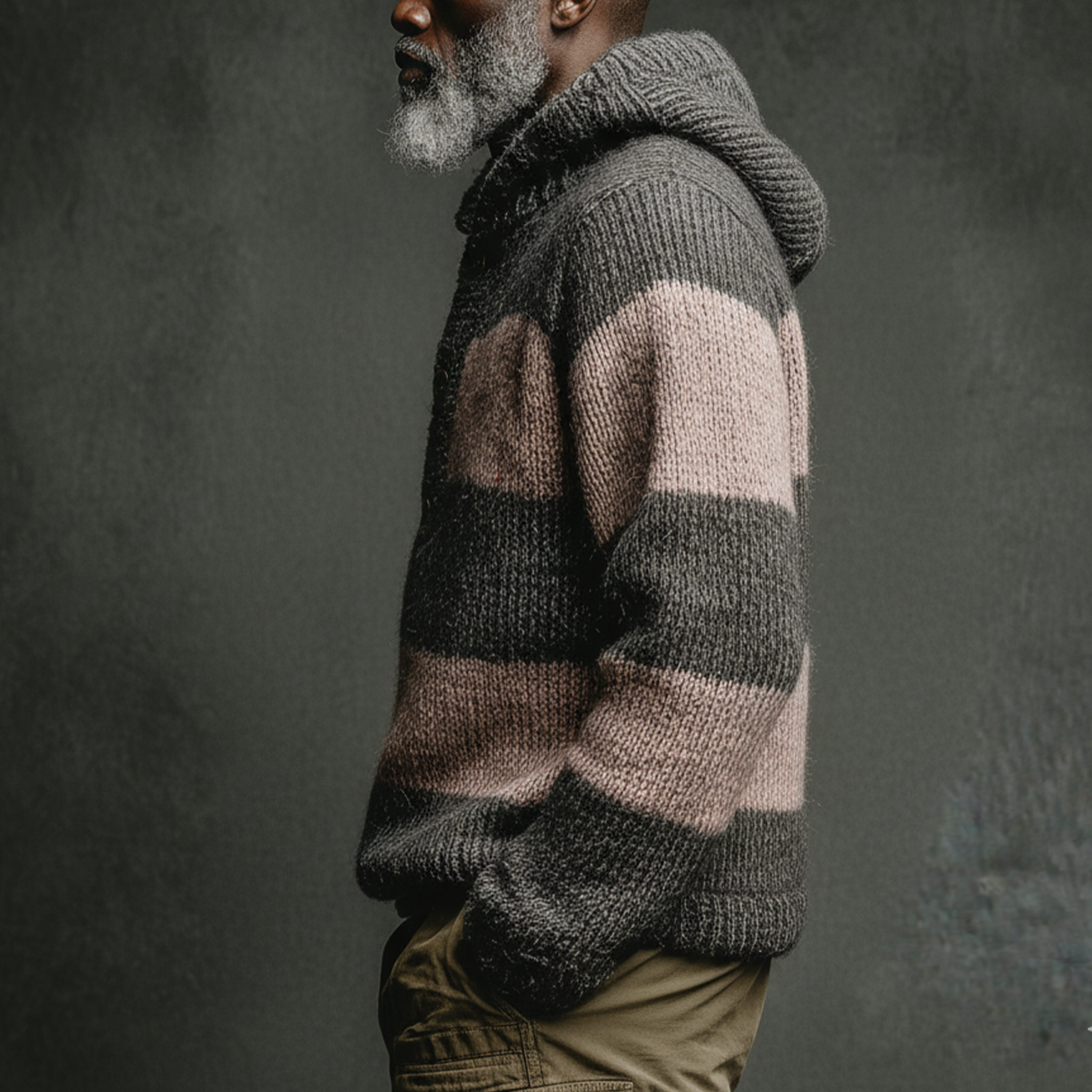Men's Classic Casual Pink And Grey Horizontal Striped Hooded Loose-Fit Sweater MTA2800I9K