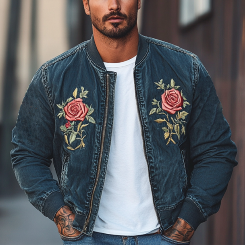 Men's Classic Casual Embroidered Denim Bomber Jacket 80642239K