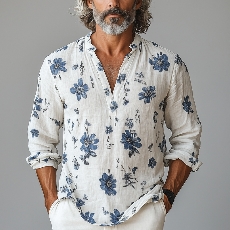 Men's Simple Printed Linen Long-Sleeved Shirt MTA3015G8P