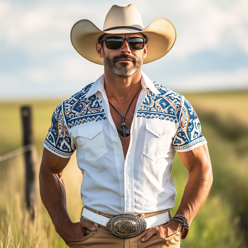 Men'S Western Cowboy Style Aztec Print Short Sleeve Shirt MTA1268E8U