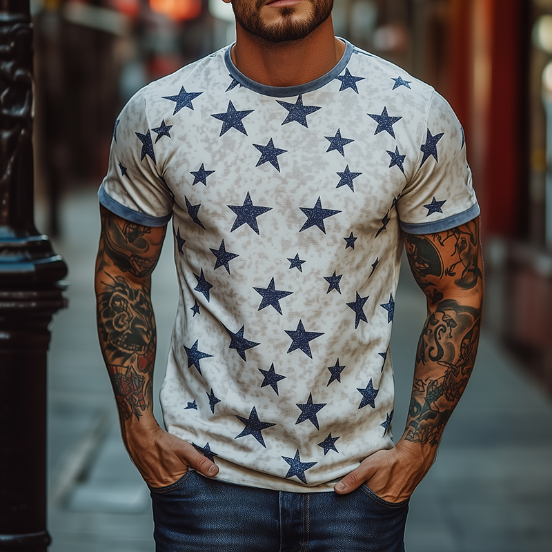 Men's Retro Star Universe Velvet Stitching Round Neck Short Sleeve T-Shirt MTA2636F3TO
