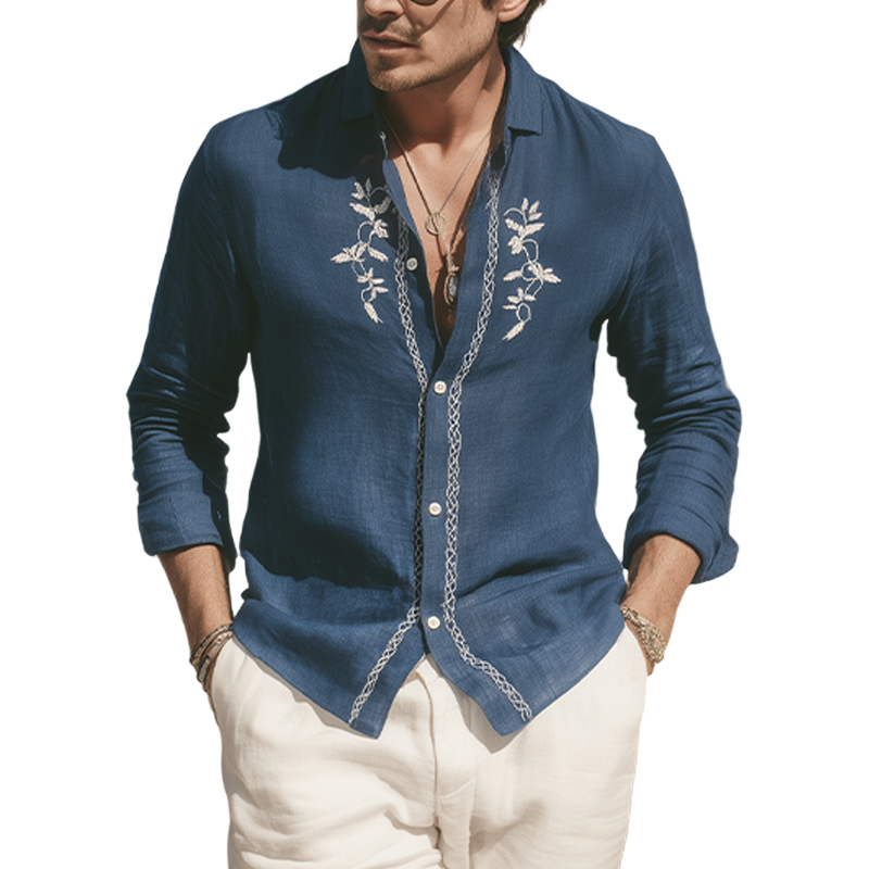 Men's Spring And Summer Retro Exquisite Embroidered Tencel Cotton Long-sleeved Shirt MTA1634G8K