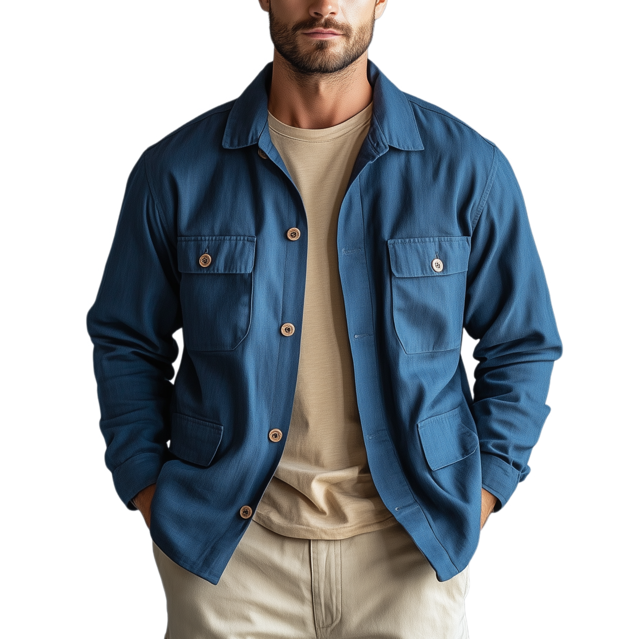 Men's Classic Casual Cotton And Linen Blend Lapel Multi-pocket Long-sleeved Shirt-style Thin Jacket MTA2461G4K