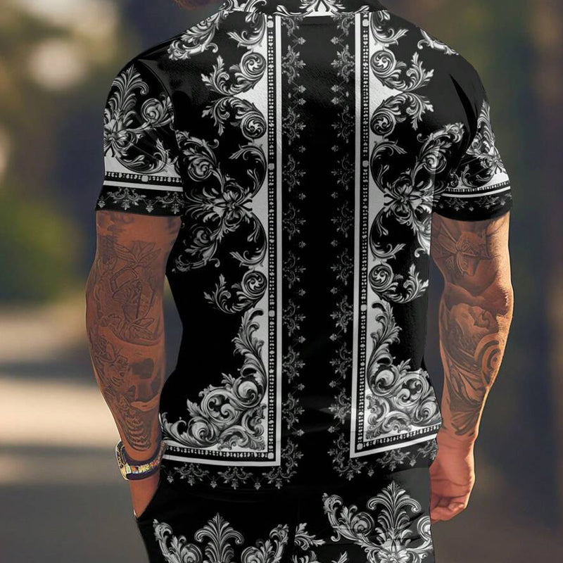 Men's Vacation Cashew Flower Print Short-sleeved Shorts Two-piece Set 77952749X