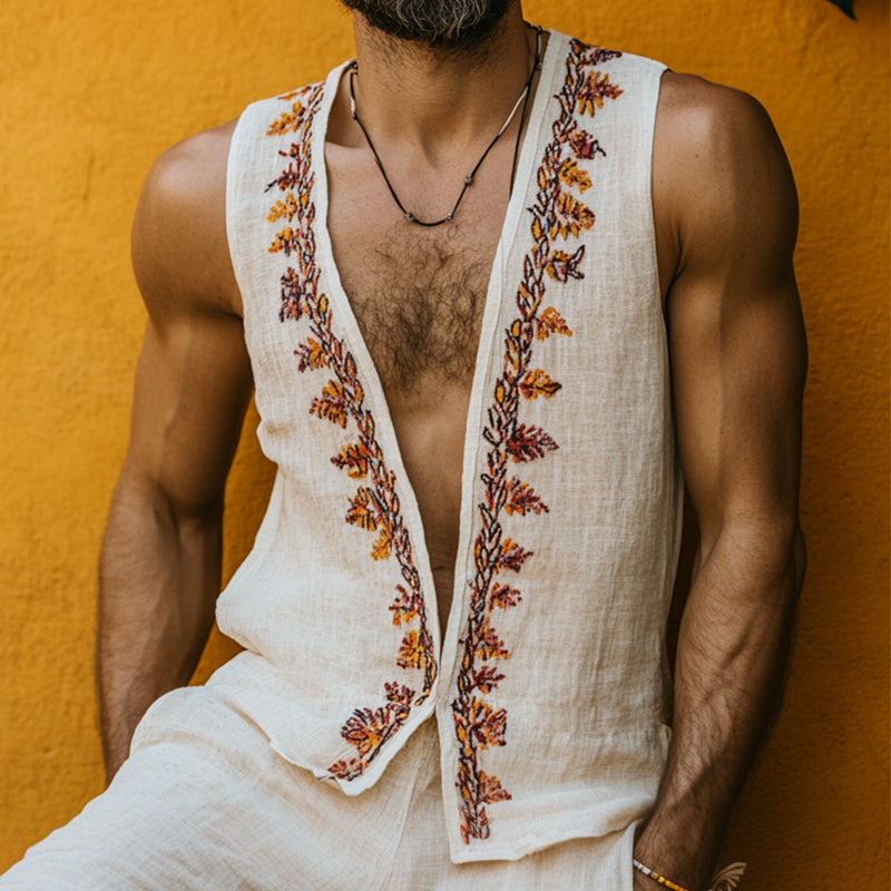 Men's Retro Casual Ethnic Style Printed Linen V-Neck Tank Top MTA0663E6TO