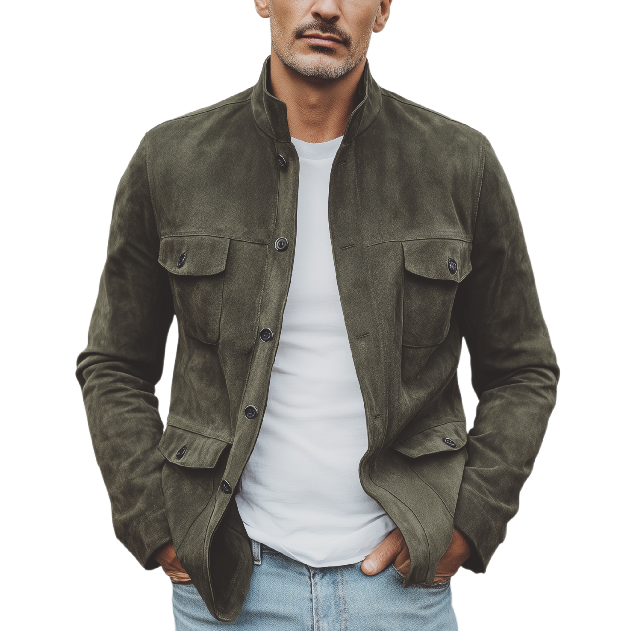 Men's Classic Vintage Stand Collar Suede Multi-Pocket Jacket MTA2563H8K