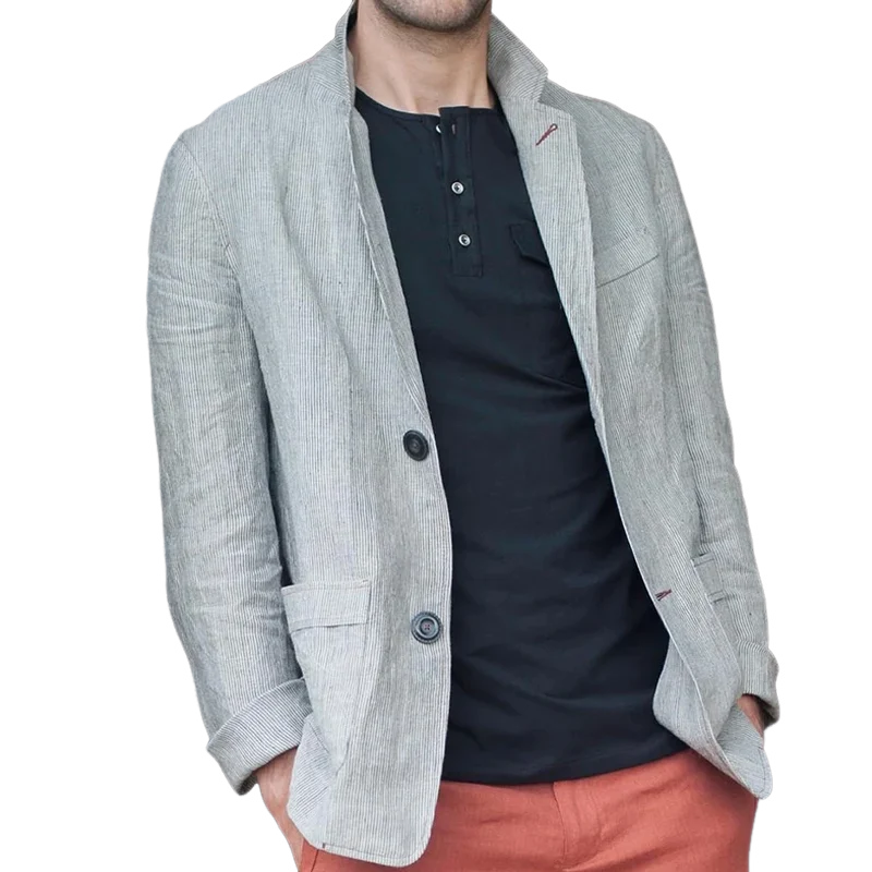 Men's Striped Cotton And Linen Notch Lapel Two Buttons Casual Blazer MTA0715E1Z