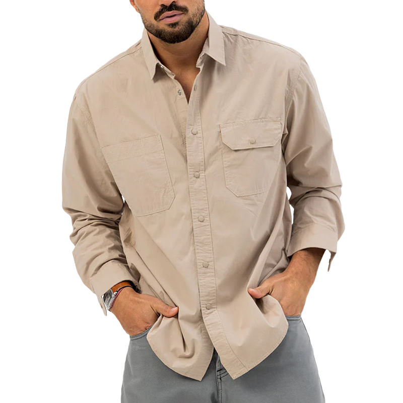 Men's Solid Color Loose Lapel Chest Pocket Long Sleeve Shirt 44109662Z