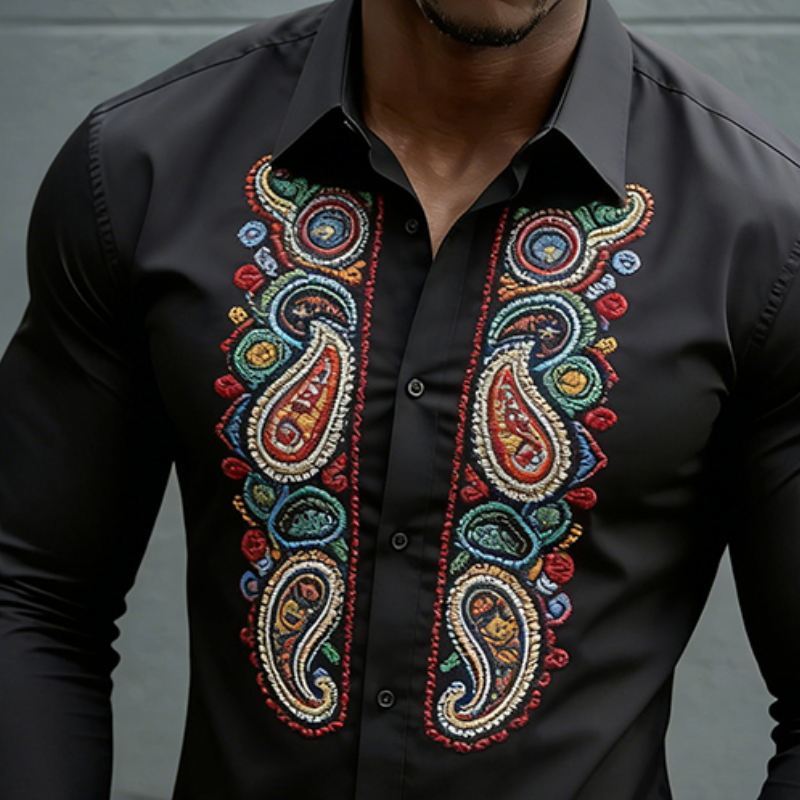 Men's Retro Casual Perris Embroidered Cotton Lapel Long Sleeved Shirt MTZ2912A8TO