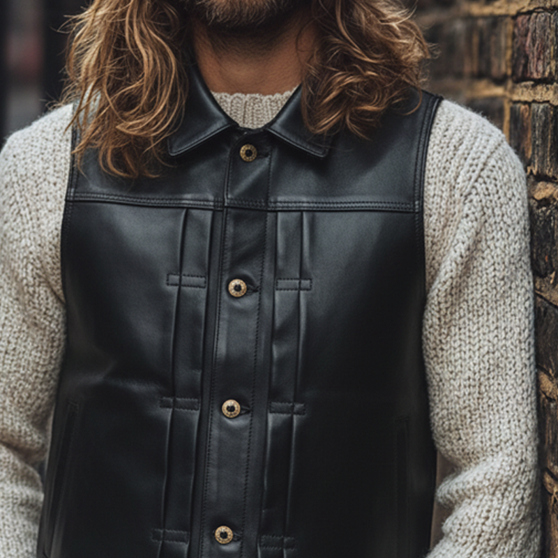 Men's Solid Color Casual Western Cowboy Style Lapel PU Vest MTA0506L3X