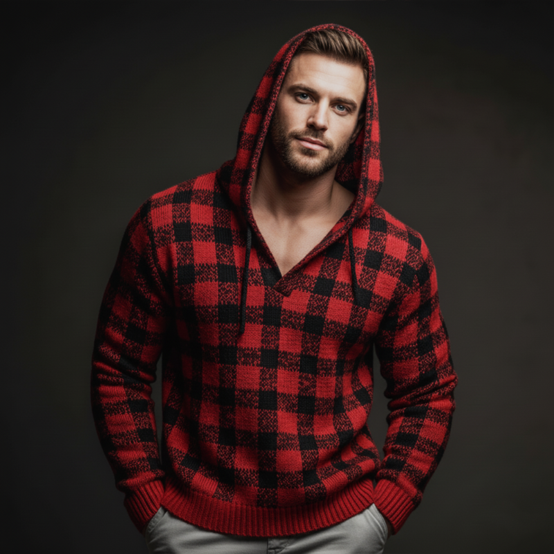 Men's Classic Red And Black Plaid Casual Knit Hoodie MTA2887J1U