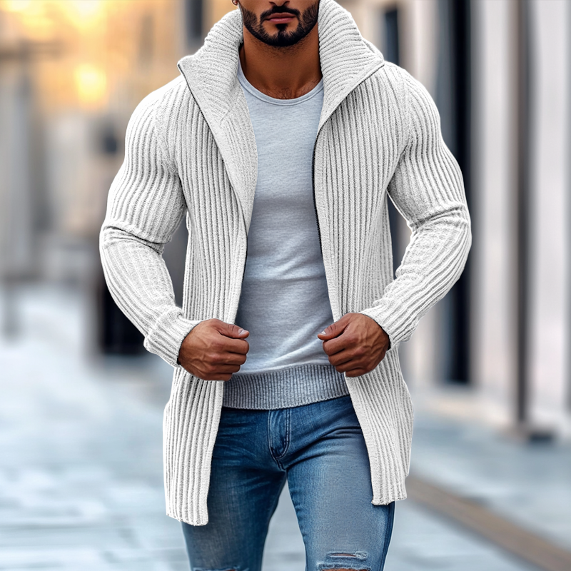 Men's Fashion Stand Collar Solid Striped Long Sleeve Mid-length Knit Cardigan 70689538Z