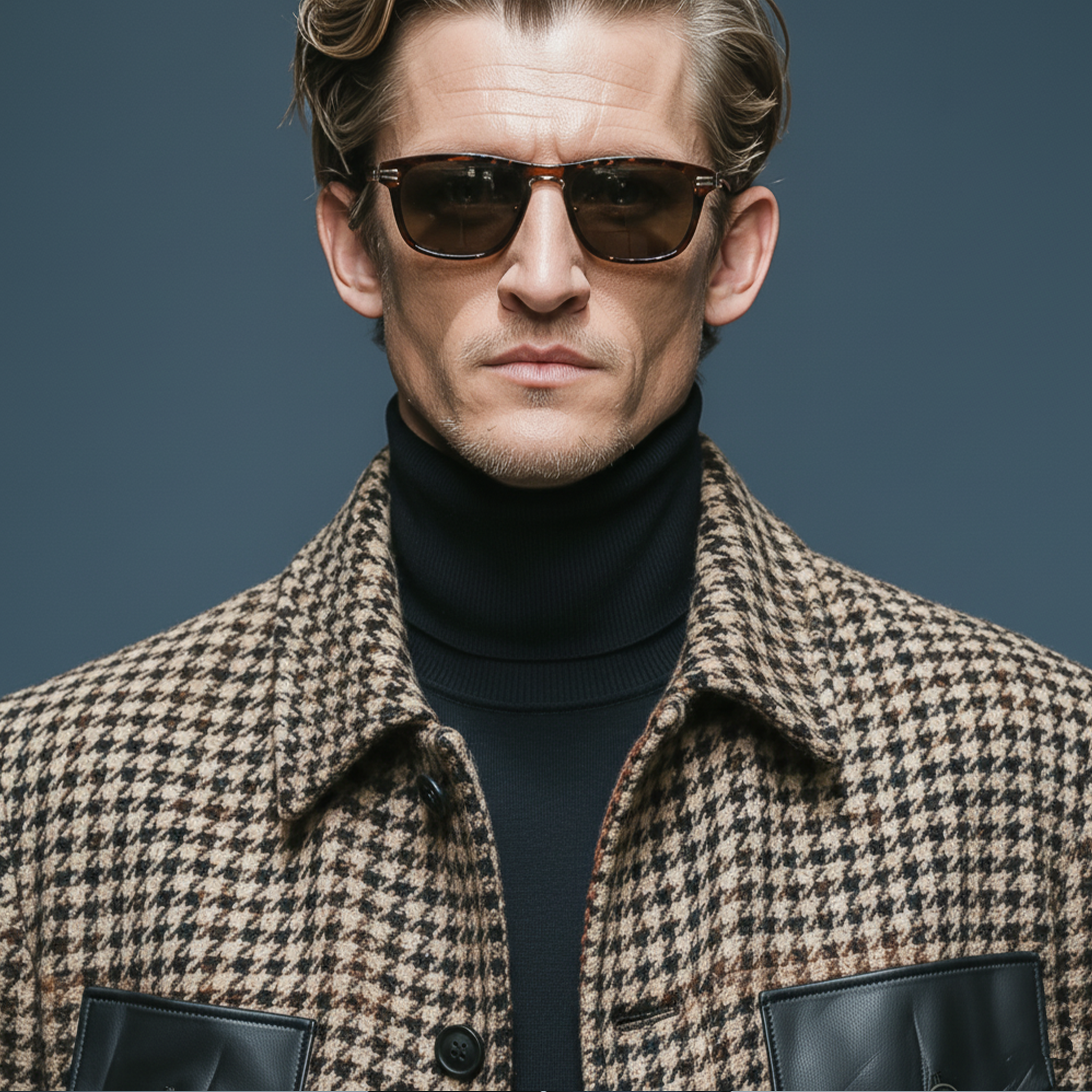 Men's Classic Retro Pocket Stitching PU Leather Lapel Faux Houndstooth Woolen Jacket MTA1109J0K