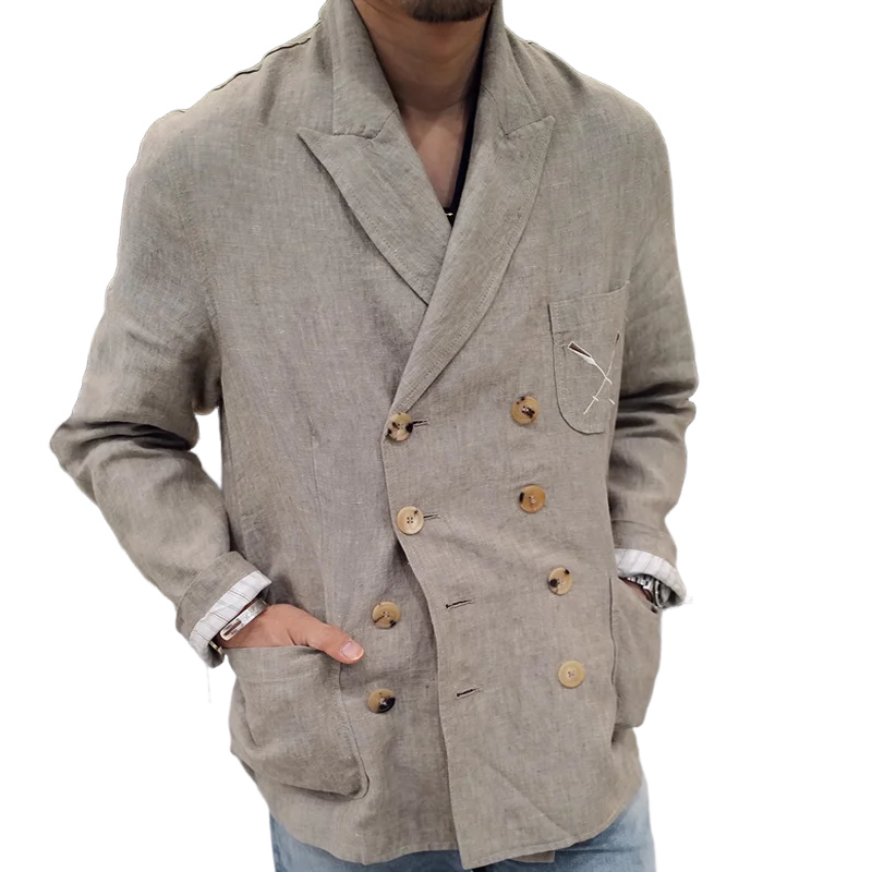 Men's Cotton And Linen Peak Lapel Double Breasted Casual Blazer MTA0725E5Z