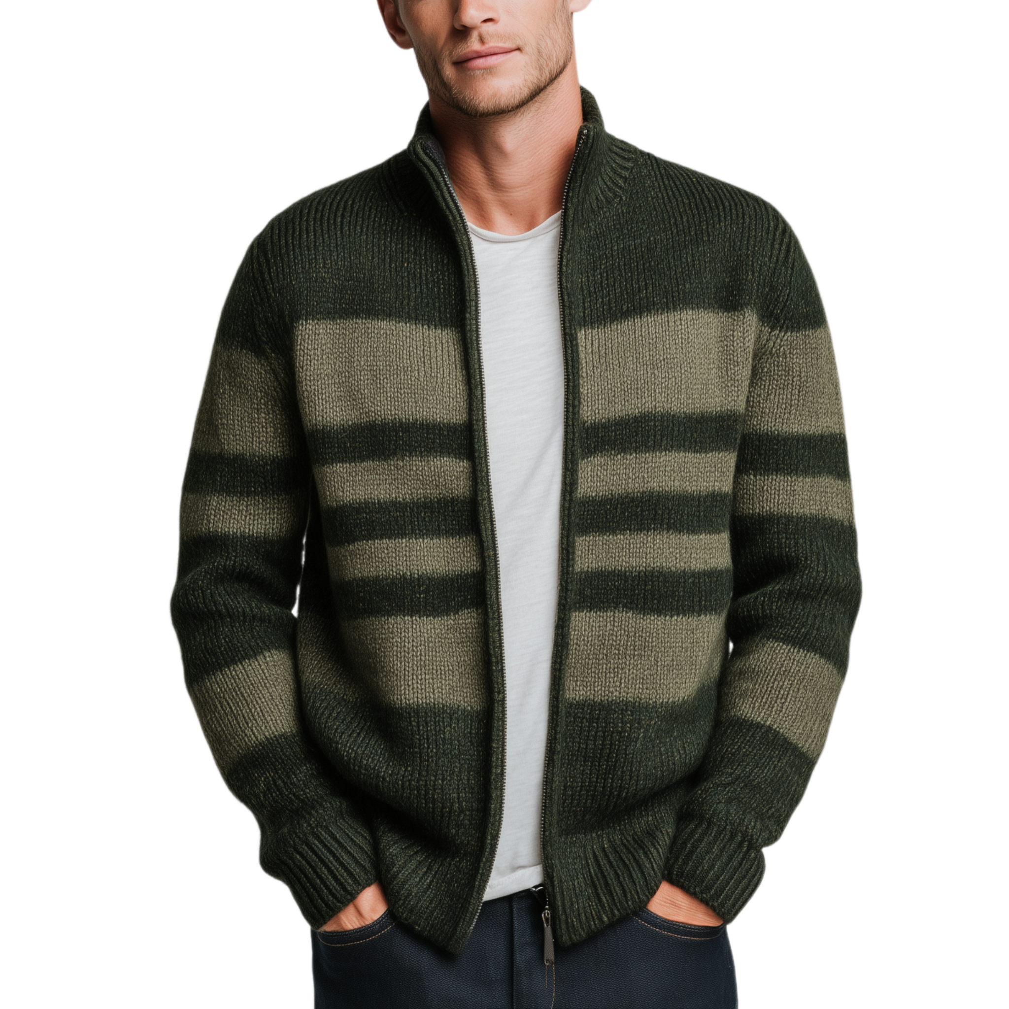 Men's Classic Retro Striped Stand Collar Zipper Knitted Cardigan MTA2351I2K
