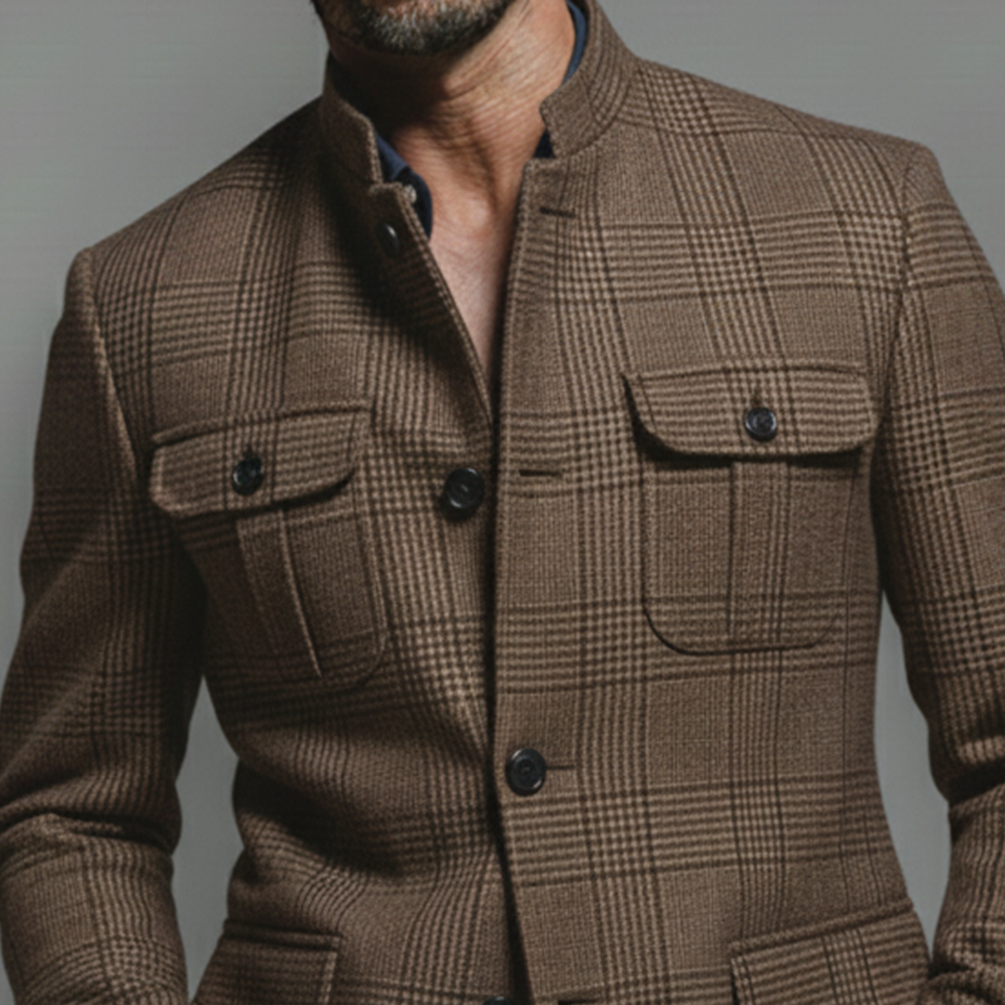 Men's Classic Vintage Stand-collar Houndstooth Blend Multi-pocket Jacket MTA1624L3K