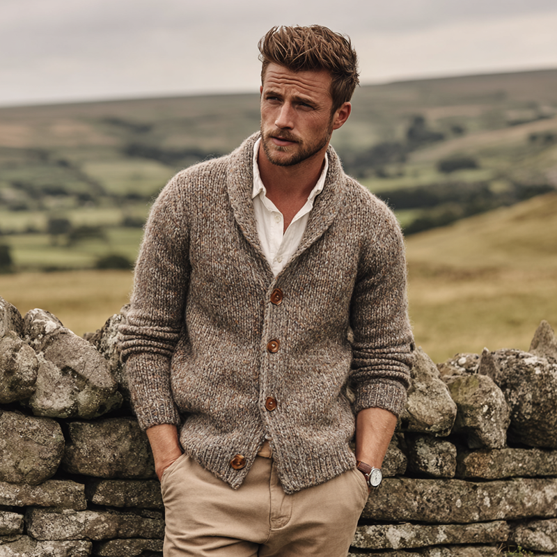 Men's Mixed Color Knit Shawl Collar Single Breasted Cardigan MTA0813I9Z