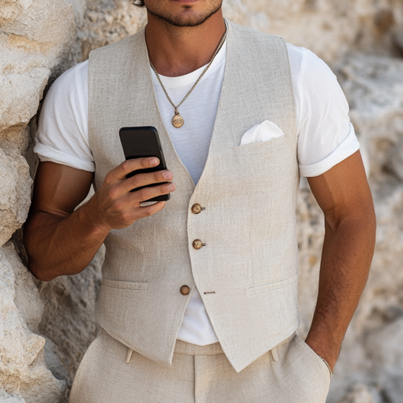 Men's Casual Breathable Linen V-neck Single-breasted Slim-fit Suit Vest MTA2147G9M