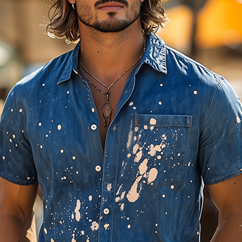 Men's Spring And Summer Fashion Casual Washed Denim Personality Ink-splashed Short-sleeved Shirt MTA2467F9K