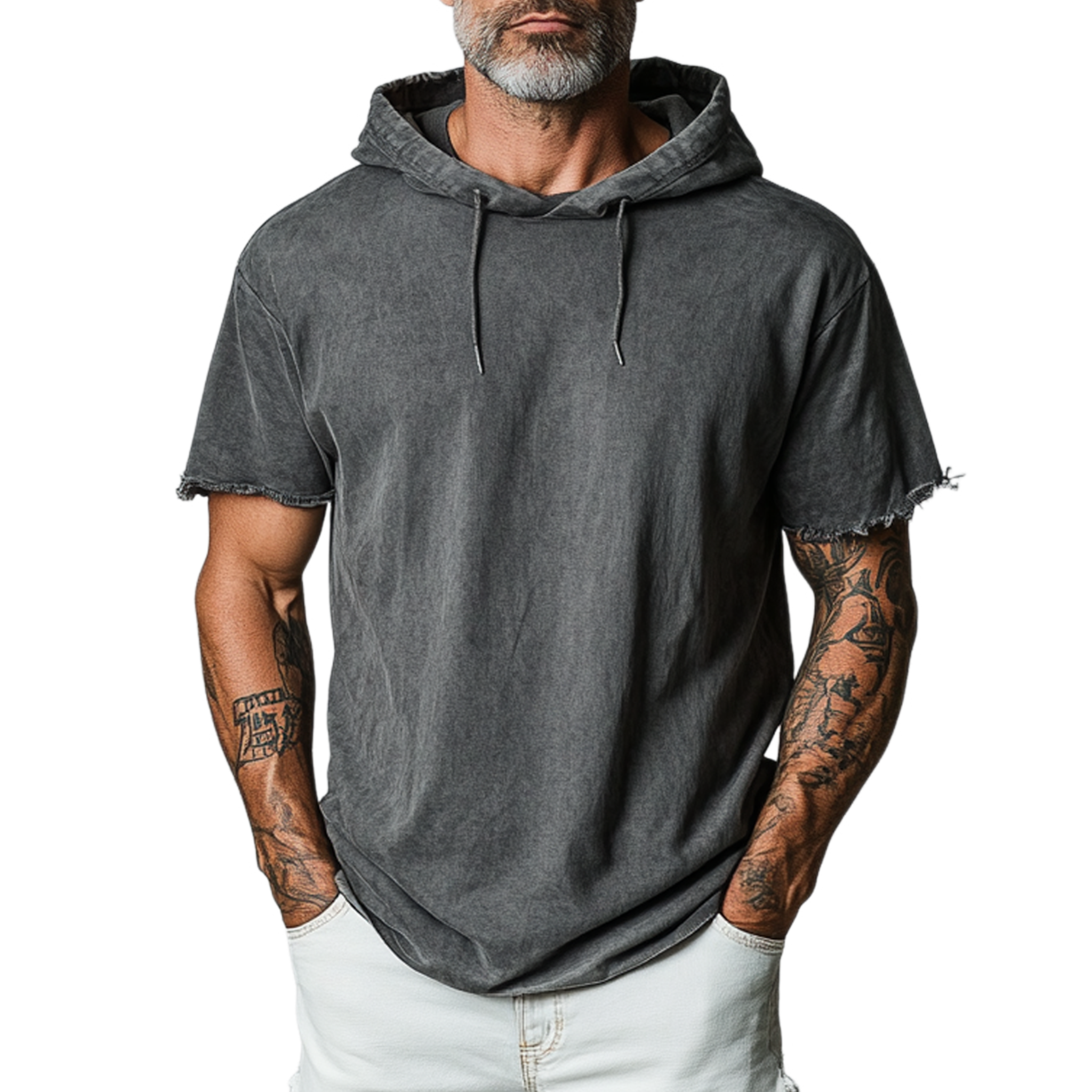 Men's Classic Casual Cotton Blend Washed Hooded Cuffs Raw Edge Craft Short-sleeved T-shirt MTA2131G9K