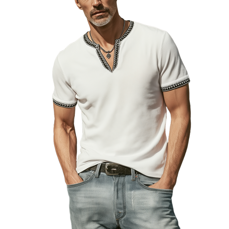Men's Classic Casual V-neck Slim Fit Waffle Embroidery Short Sleeve T-shirt MTA0371G6K