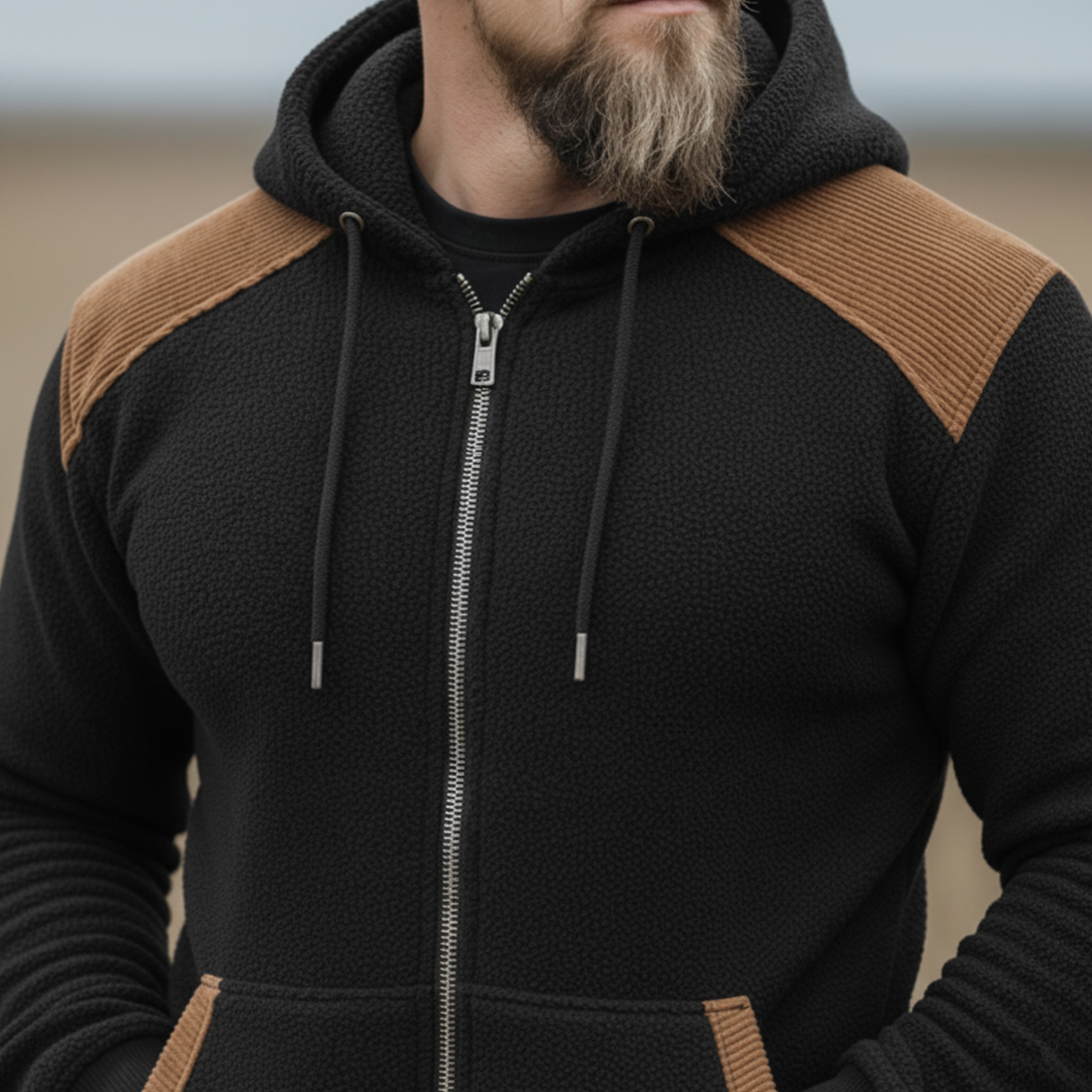 Men's Classic Western Style Corduroy Patchwork Polar Fleece Hooded Zip-up Jacket MTA2219J7K