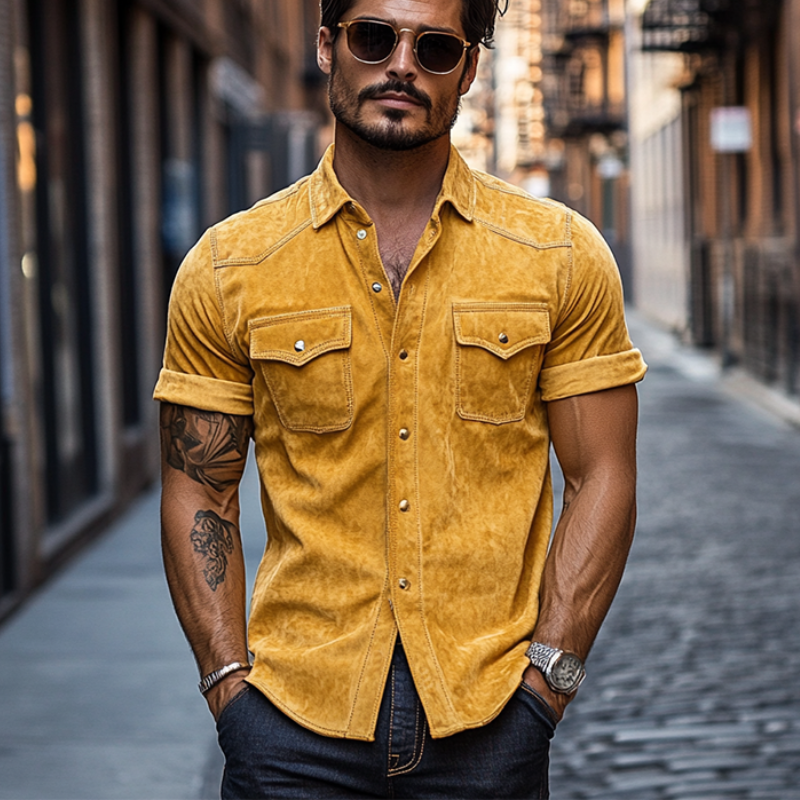 Men's Classic Retro Western Fit Multi-Pocket Suede Rolled Hem Short Sleeve Shirt 03623865K