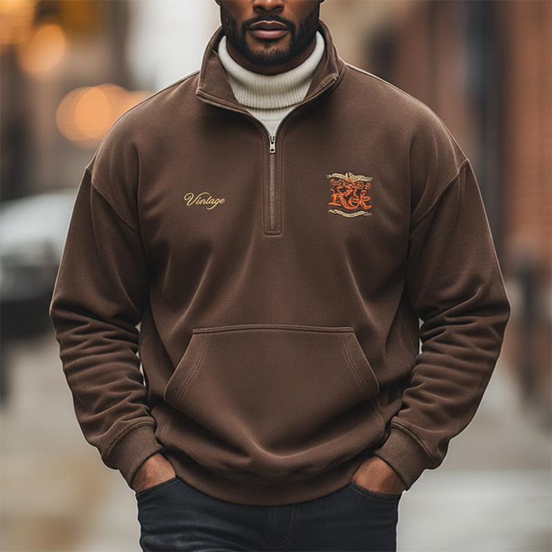 Men's Retro Minimalist Embroidered Fleece Half-Zip High Neck Sweatshirt MTA2713J5P