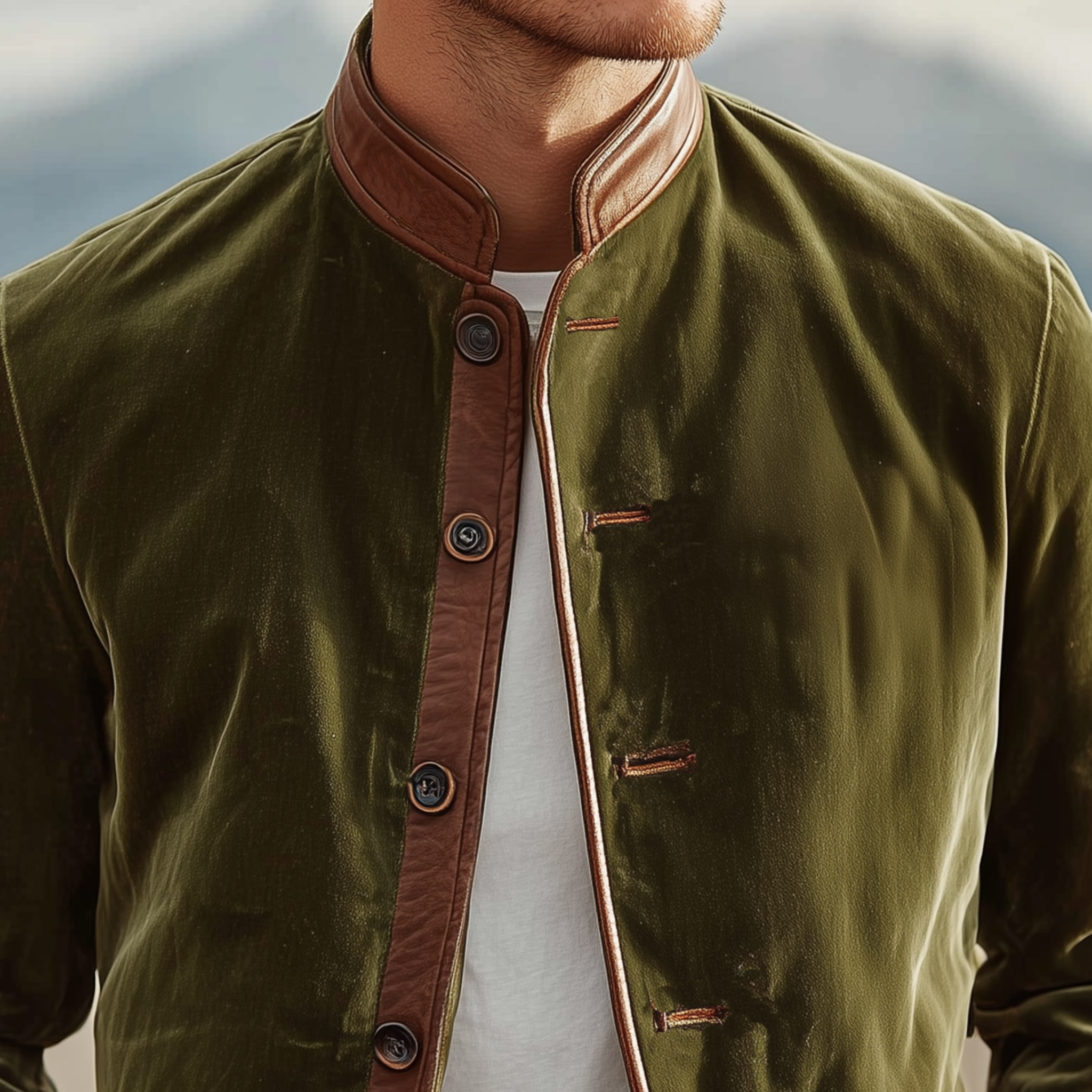 Men's Classic Retro Western Style PU Leather Stand Collar And Placket Slim Fit Velvet Jacket MTA1392I8K