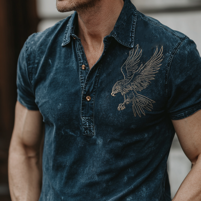 Herrepoloskjorte med broderte hvite bald eagle-motiver, korte ermer, MTA0477G7X