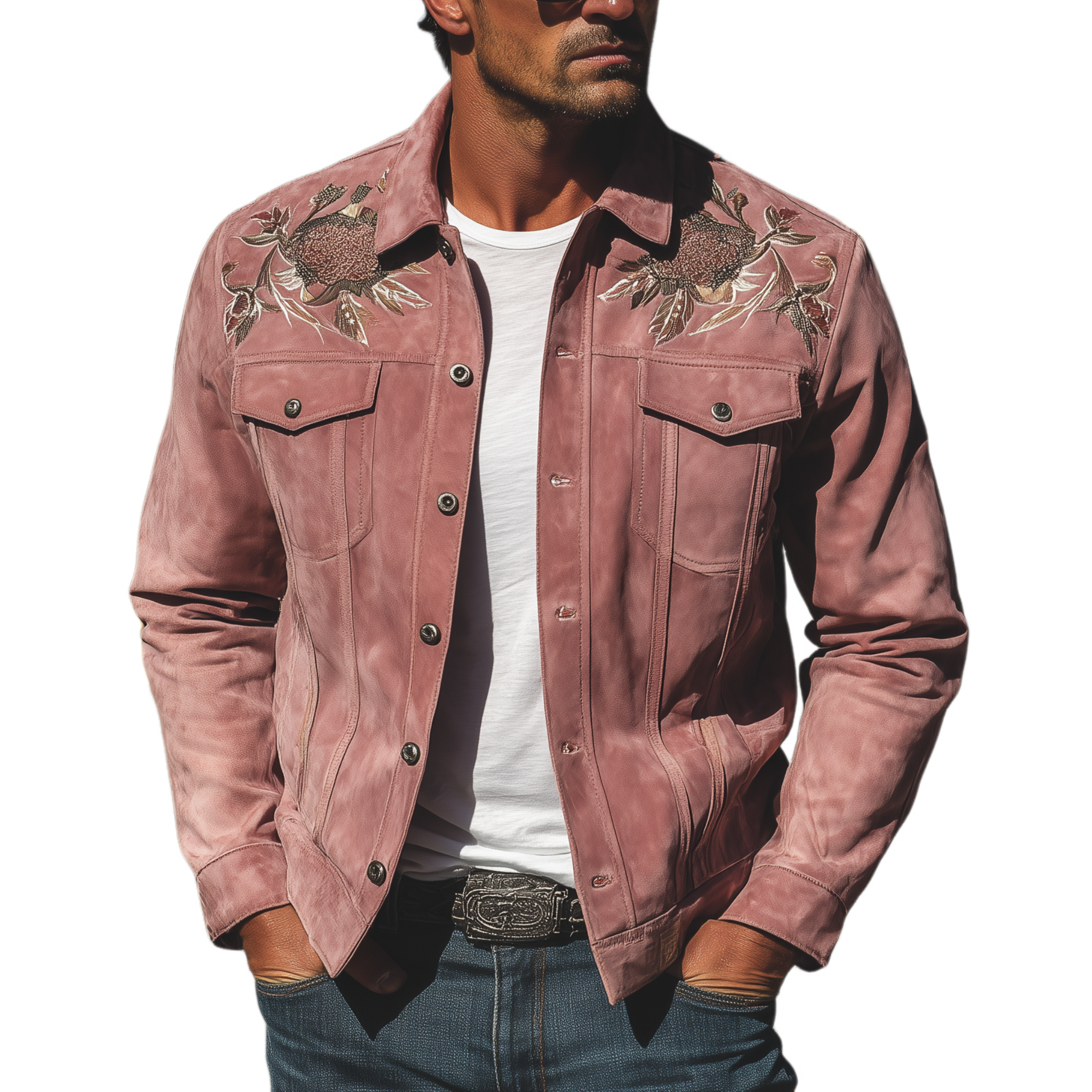 Men's Classic Retro Western Style Pink Suede Embroidered Jacket MTA1441H5K