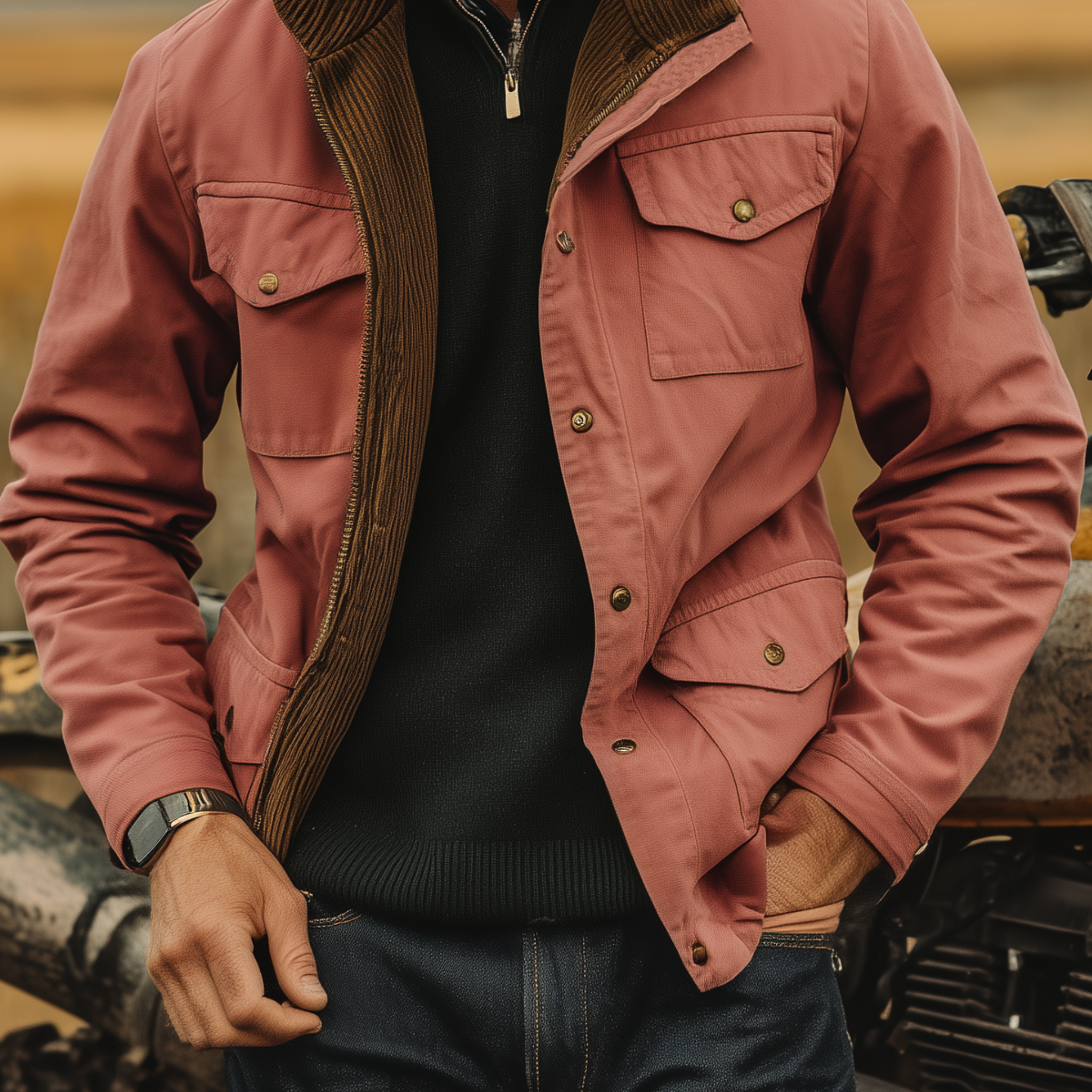 Men's Classic Western Retro Style Stand Collar Multi-pocket Zipper Pink Cotton Blend Jacket MTA0539I7K