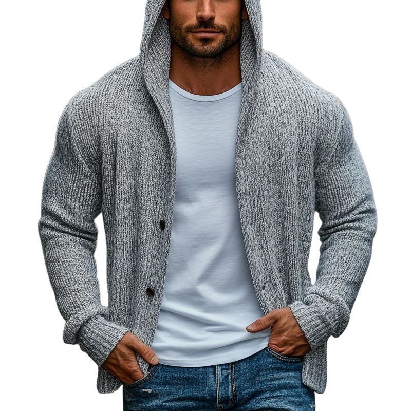 Men's Solid Color Loose Knitted Hooded Cardigan MTA0423I4X