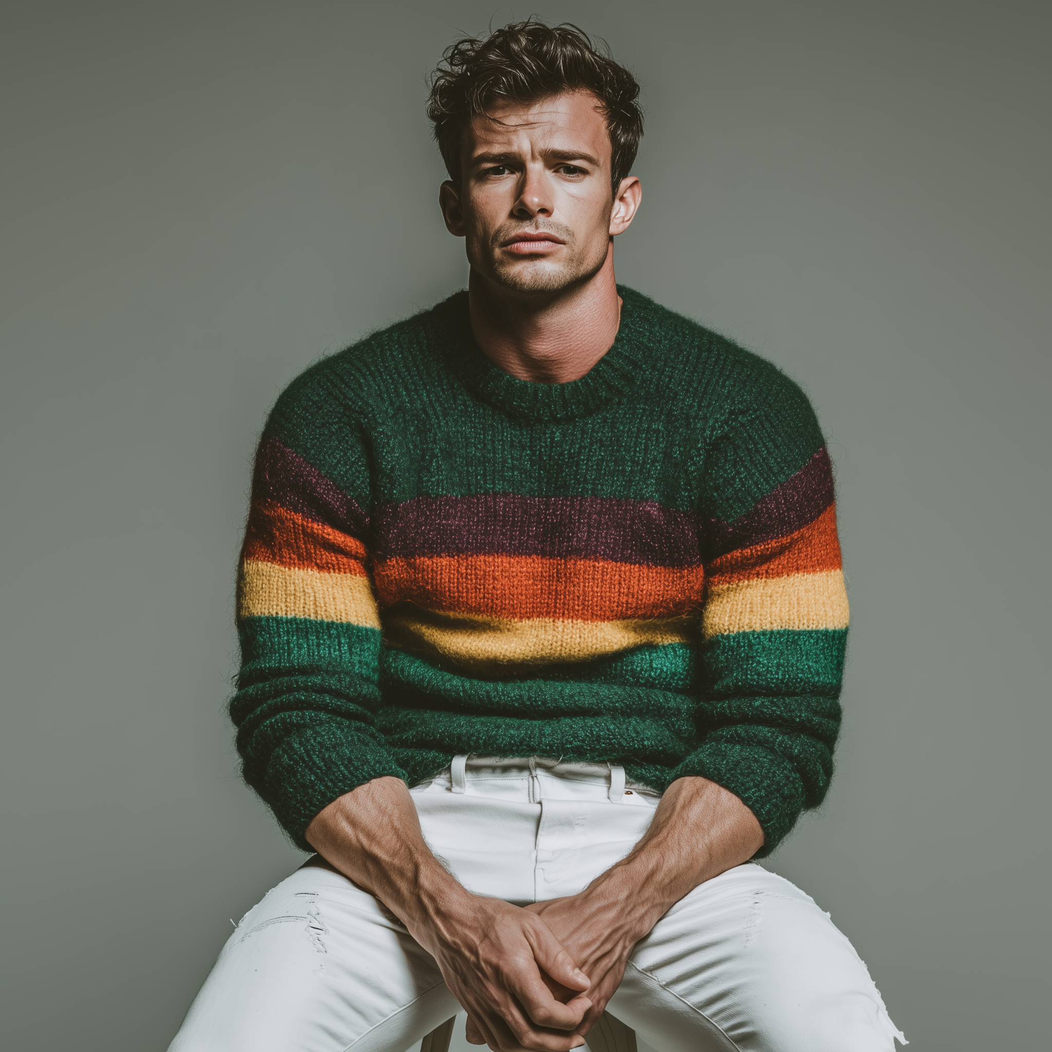 Men's Classic Casual Christmas Green Crew Neck Horizontal Striped Sweater MTA2961I7K