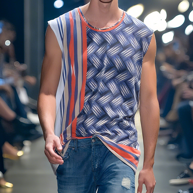 Men's Spring And Summer Fashion Casual Chiffon Printed Round Neck Tank Top MTA0407G7K