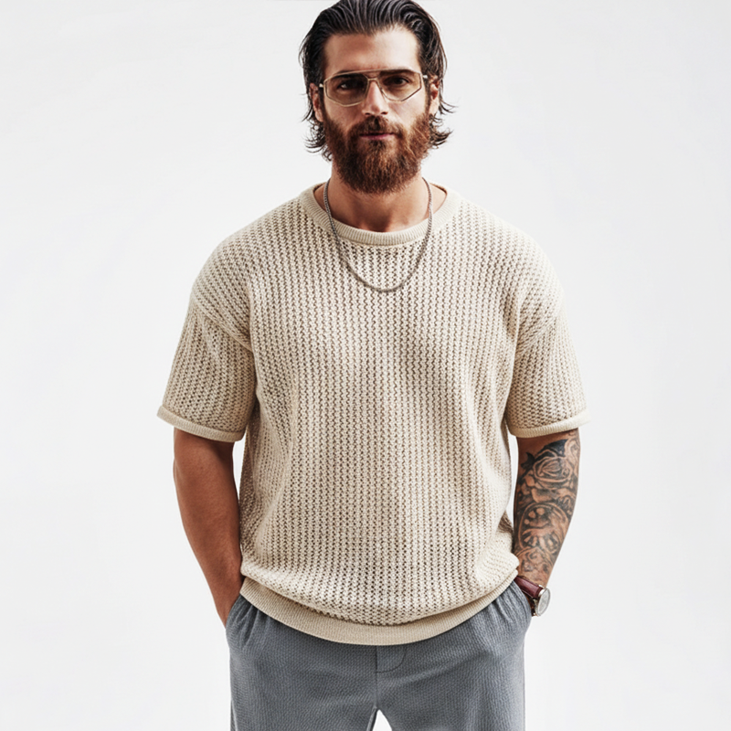 Men's Fashion Light Khaki Crew Neck Textured Knit Short-Sleeve T-Shirt MTZ1172B1U