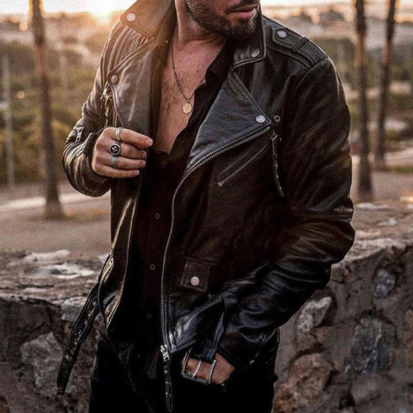 Men's Fashion Slim Lapel Motorcycle Leather Jacket 25336396M