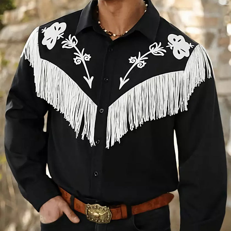 Men's Black Embroidered Tassel Long-sleeved Shirt 14320192U